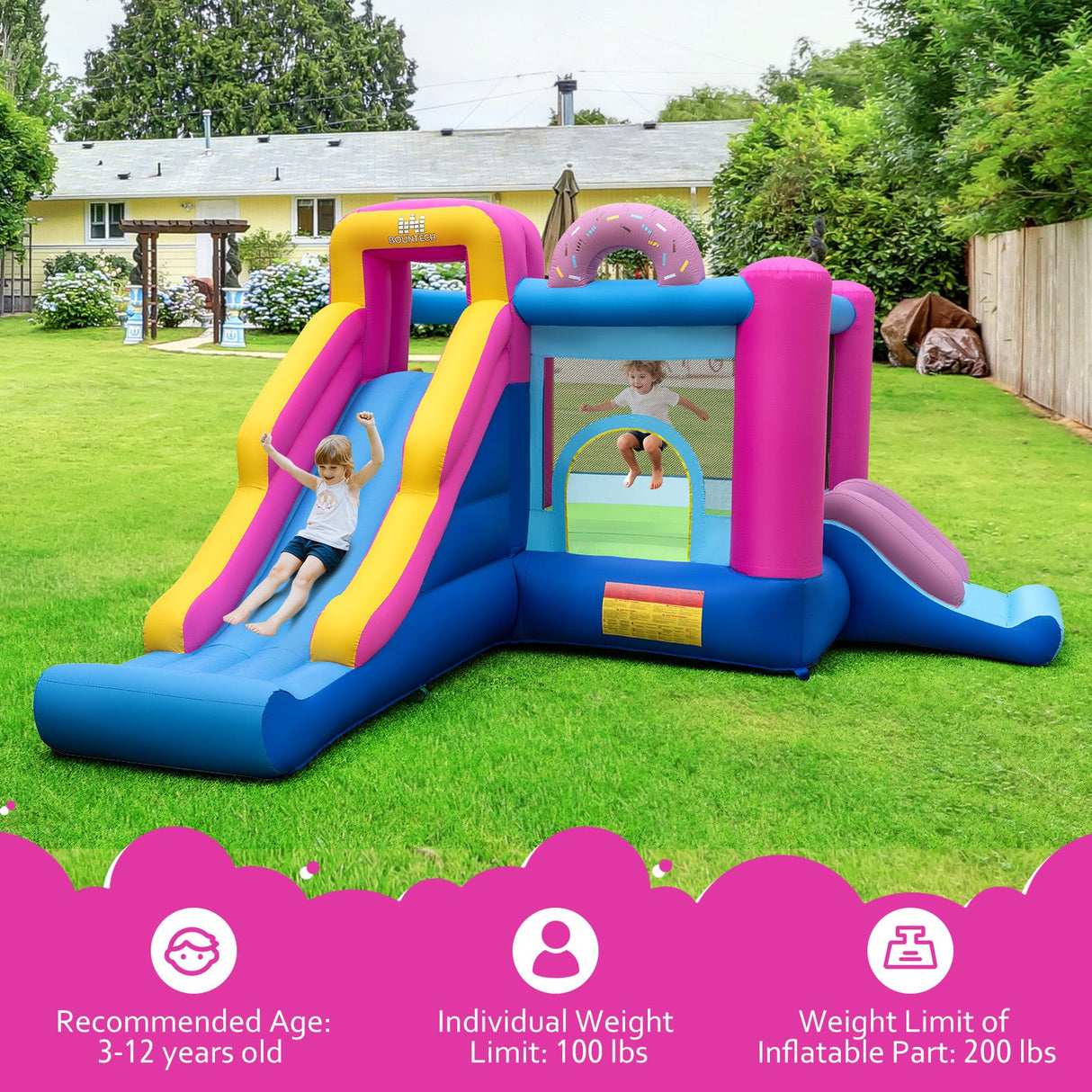 Casa de juegos inflable con toboganes y canasta de baloncesto (con soplador de 735W)