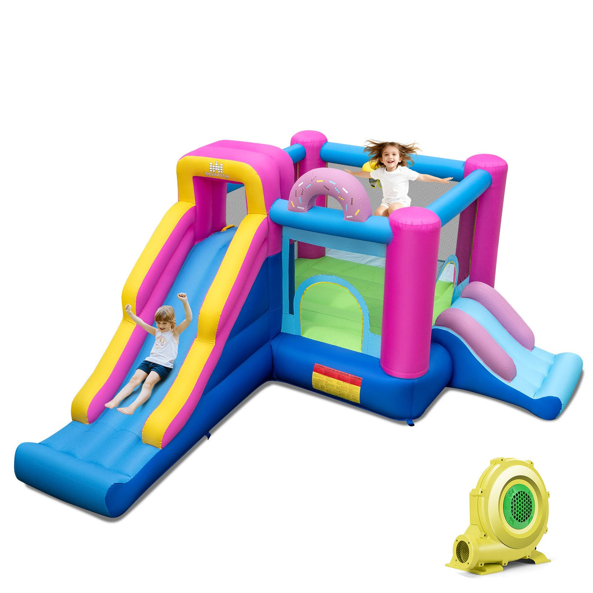 Casa de juegos inflable con toboganes y canasta de baloncesto (con soplador de 735W)