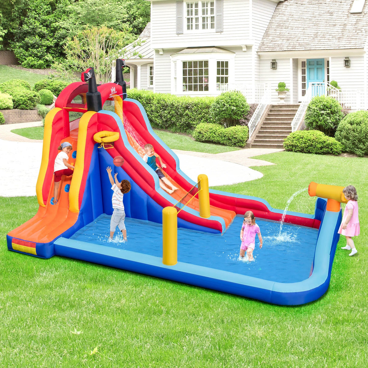 Castillo hinchable inflable 5 en 1 con 2 toboganes de agua y piscina grande con chorros y soplador de 680 W