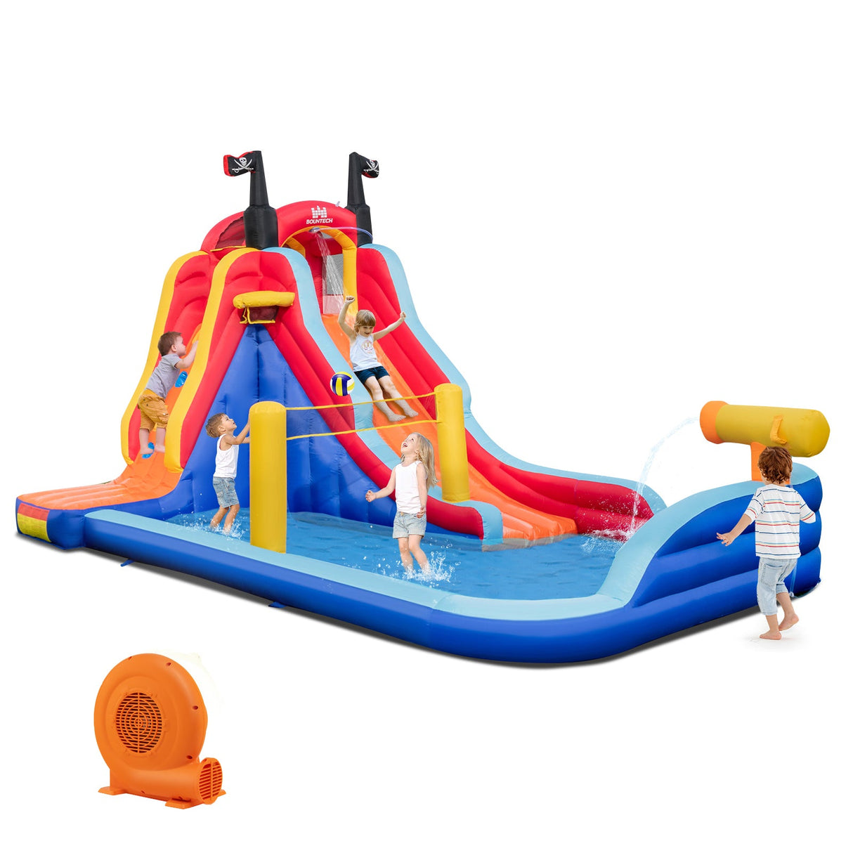 Castillo hinchable inflable 5 en 1 con 2 toboganes de agua y piscina grande con chorros y soplador de 680 W