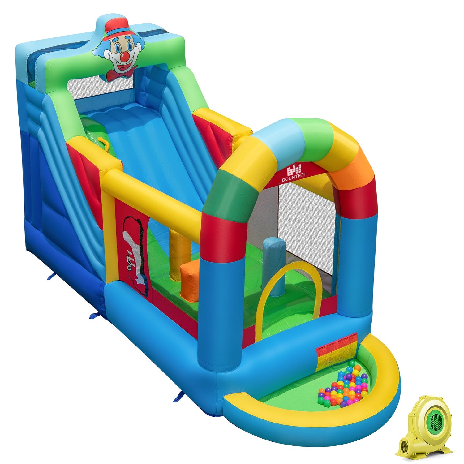 Pista de obstáculos hinchable con piscina de bolas y tobogán con soplador de 735 W