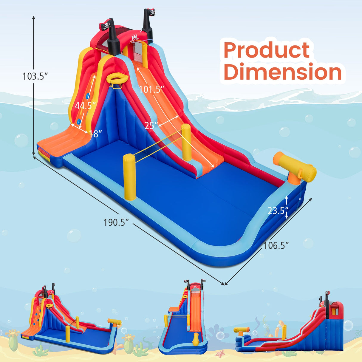 Castillo hinchable inflable 5 en 1 con 2 toboganes de agua y piscina grande con chorros y soplador de 680 W