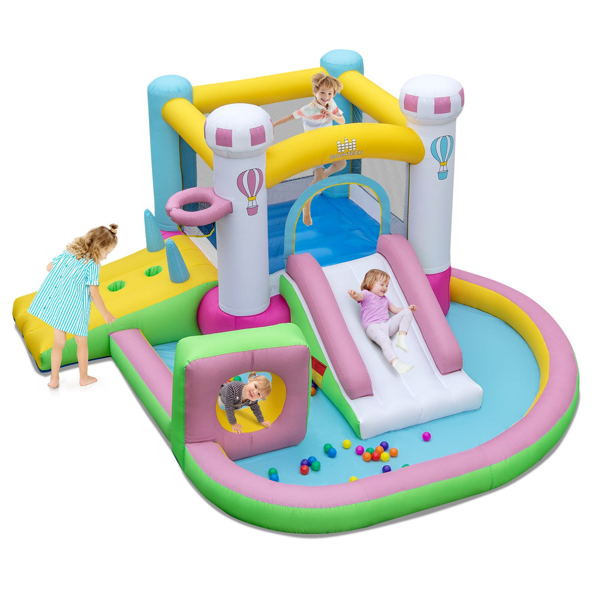 Castillo hinchable con tobogán, obstáculos y piscina de bolas sin soplador