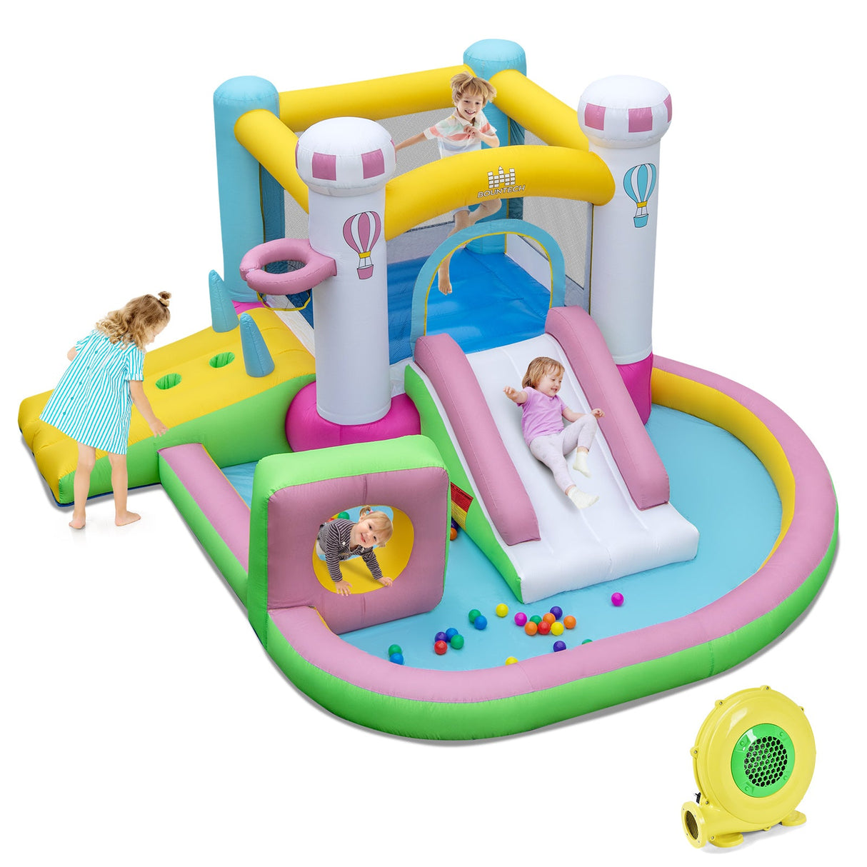 Castillo Hinchable con Tobogán, Obstáculos y Piscina de Bolas con Soplador de 480W