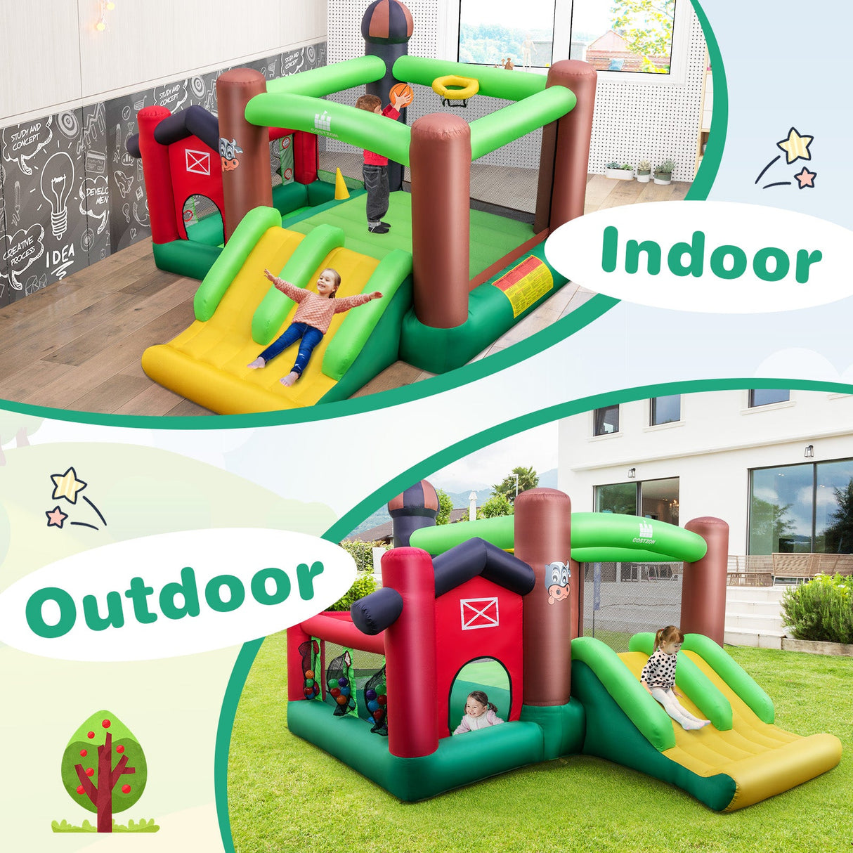 Castillo Hinchable Temático de Granja 6 en 1 con Trampolín y Soplador de 735W