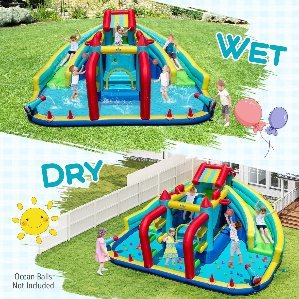 Parque Acuático Hinchable Doble con Tobogán, Pista de Obstáculos y Soplador de 735W