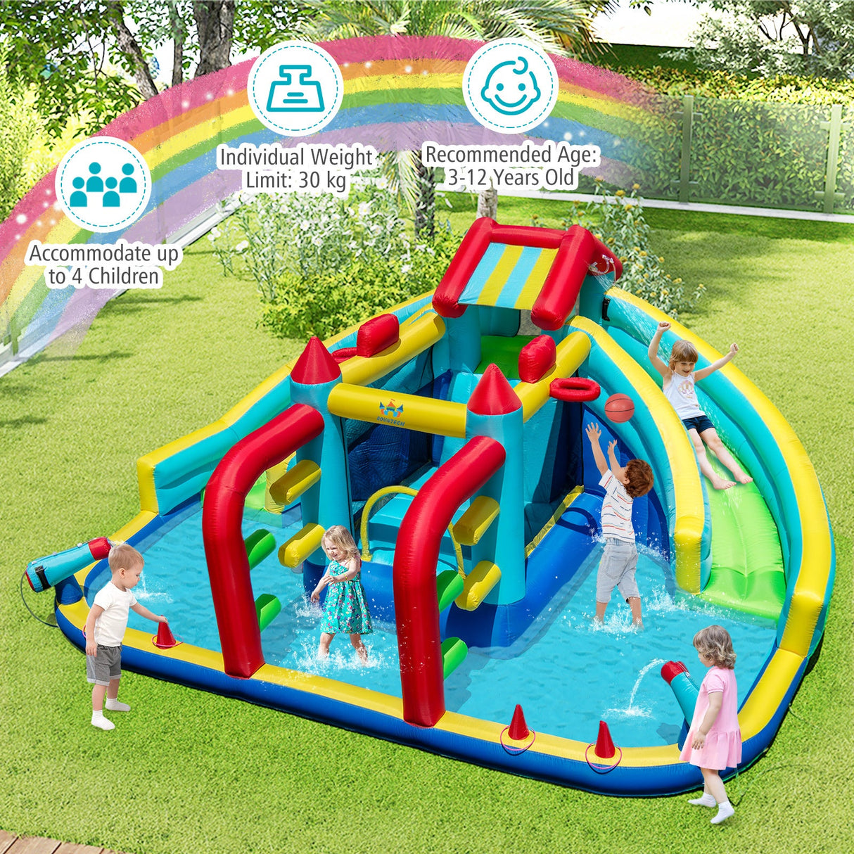 Parque Acuático Hinchable Doble con Tobogán, Pista de Obstáculos y Soplador de 735W