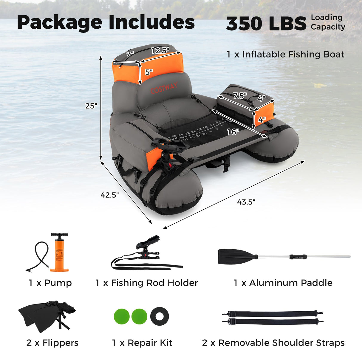 Tubo Flotador Hinchable de Pesca con Correas de Hombro y Almacenamiento para la Pesca con Caña