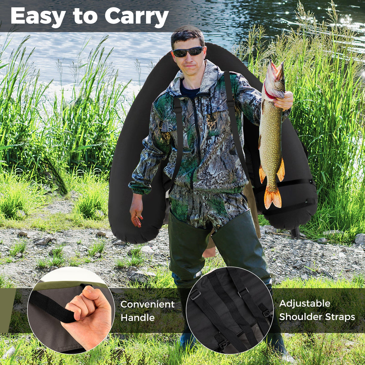 Tubo Flotador Hinchable de Pesca con Correas de Hombro y Almacenamiento para la Pesca con Caña