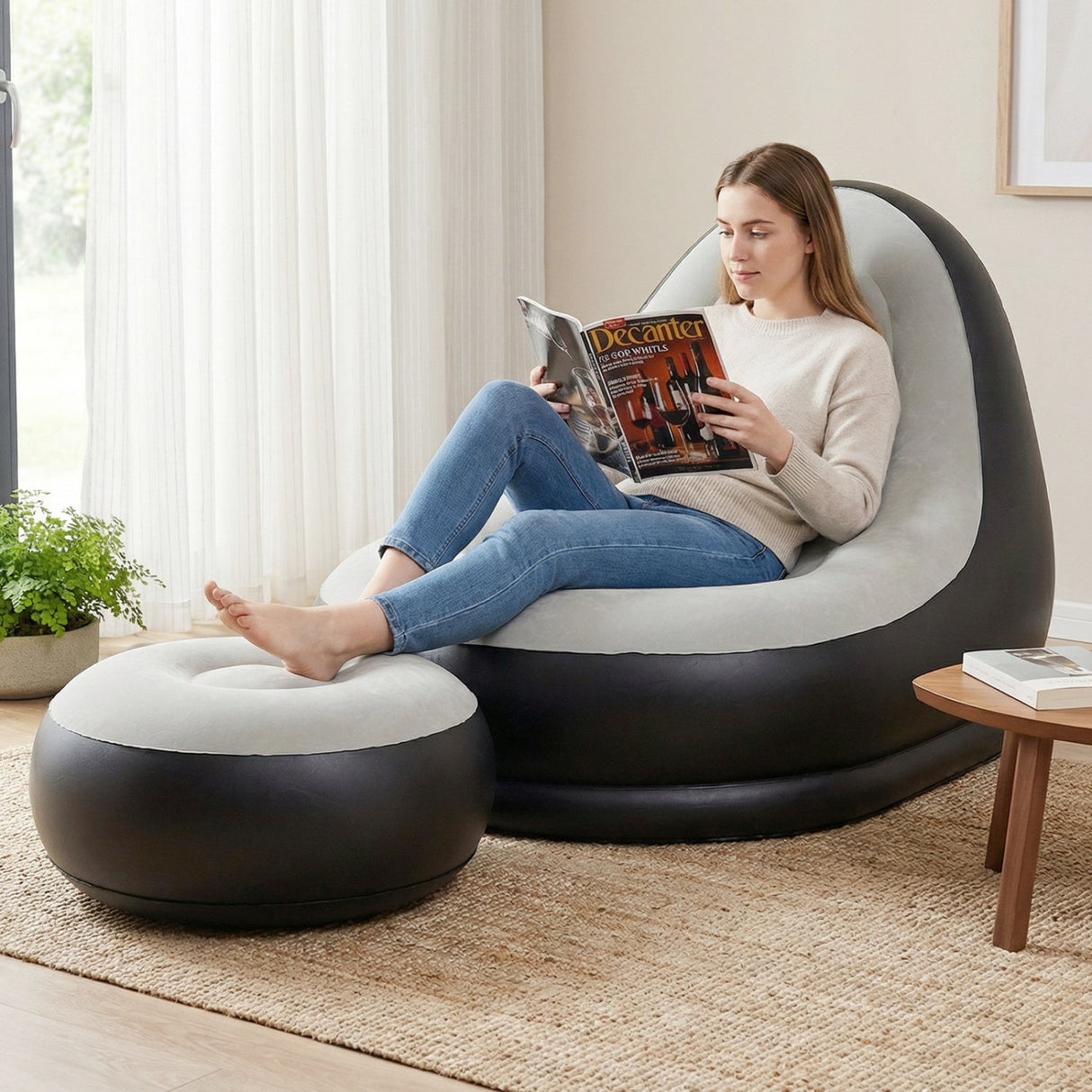 Sofá Inflable con Otomana, Sofá de Aire Portátil para Adultos con Superficie Flocada - Gris