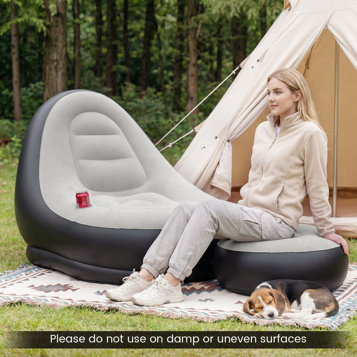 Sofá Inflable con Otomana, Sofá de Aire Portátil para Adultos con Superficie Flocada - Gris