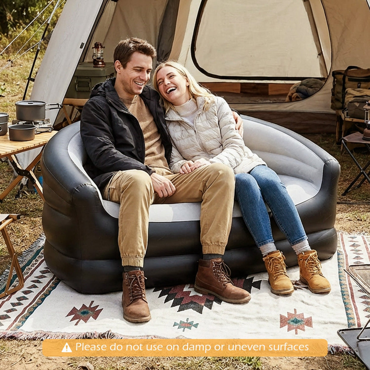Sofá inflable de dos plazas, portátil y plegable, para adultos, con superficie flocada - Gris