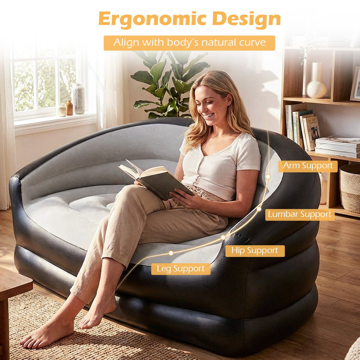 Sofá inflable de dos plazas, portátil y plegable, para adultos, con superficie flocada - Gris