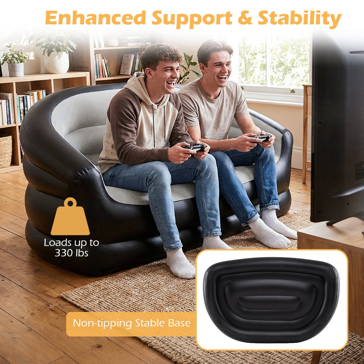 Sofá inflable de dos plazas, portátil y plegable, para adultos, con superficie flocada - Gris