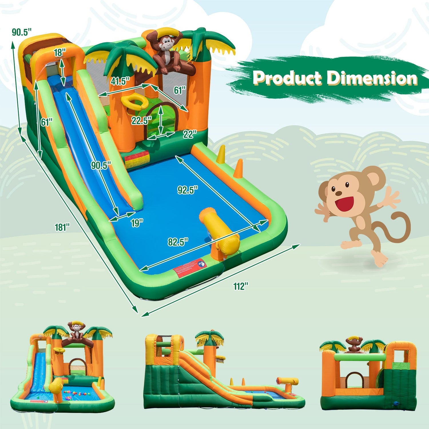 Monkey-Themed Inflatable Bounce House with Slide without Blower