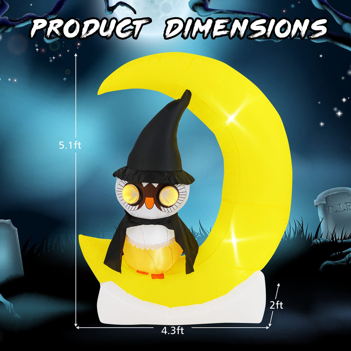 Búho Inflable en la Luna con Luces LED, Decoración de Halloween con Luna Grande y Búho Mago