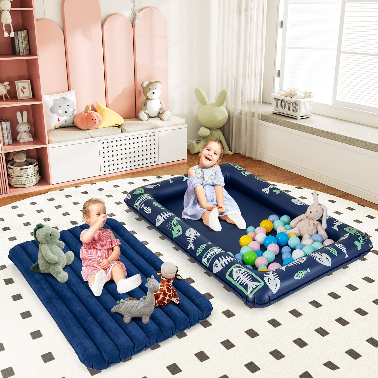 Cama de viaje inflable para niños pequeños con bomba eléctrica y barandillas elevadas