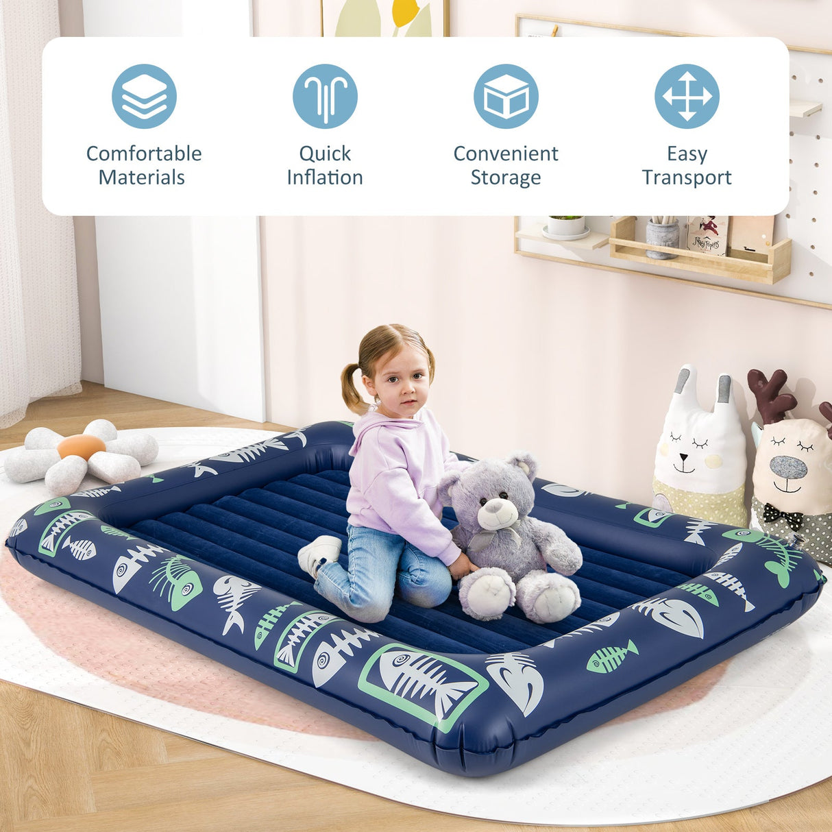 Cama de viaje inflable para niños pequeños con bomba eléctrica y barandillas elevadas