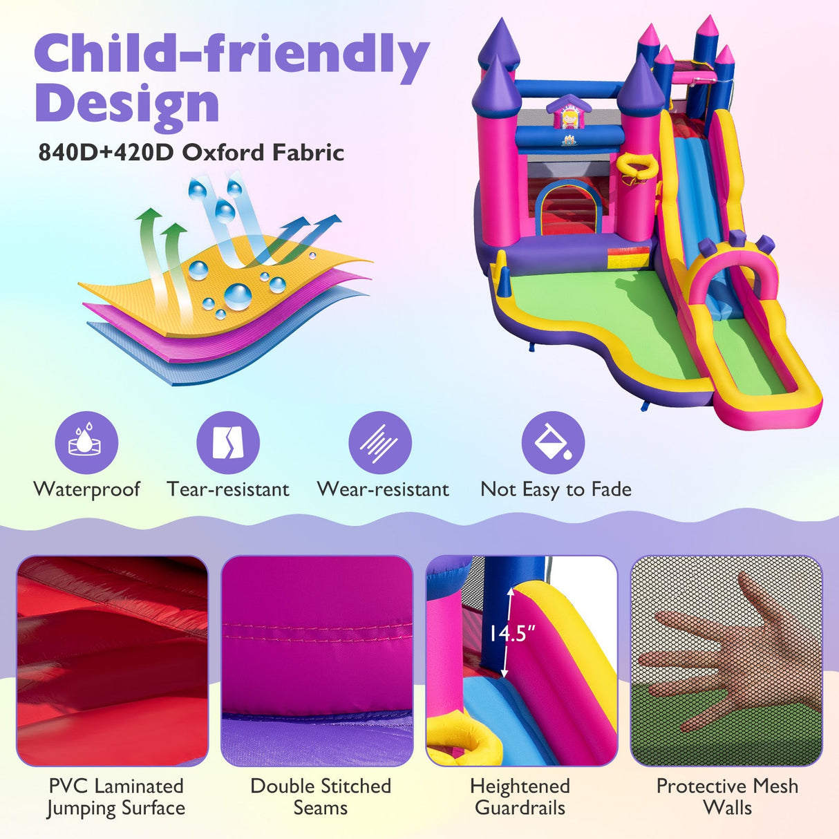 Castillo Hinchable de Agua Temática Princesas con Tobogán, Muro para Escalar y Soplador de 680W Incluido