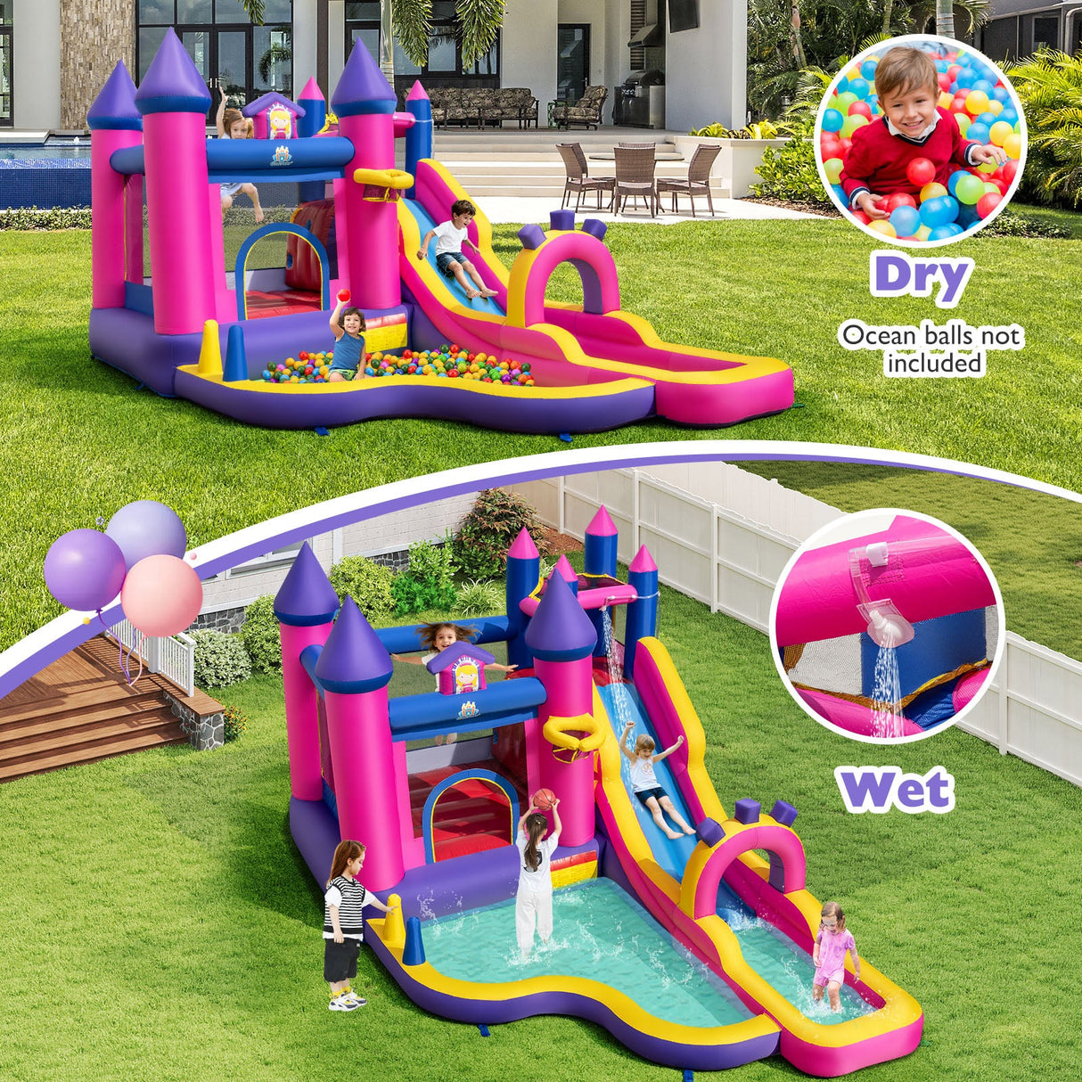 Castillo Hinchable de Agua Temática Princesas con Tobogán, Muro para Escalar y Soplador de 680W Incluido