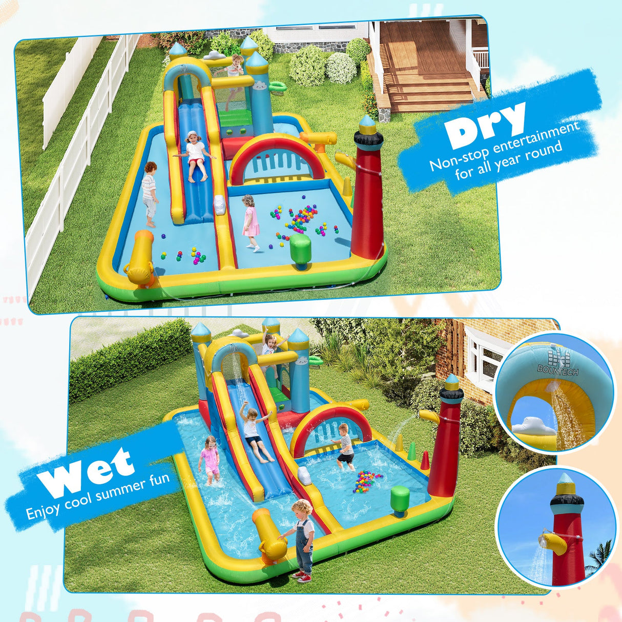 Tobogán de agua hinchable Parque acuático gigante con tobogán largo y soplador de 750 W