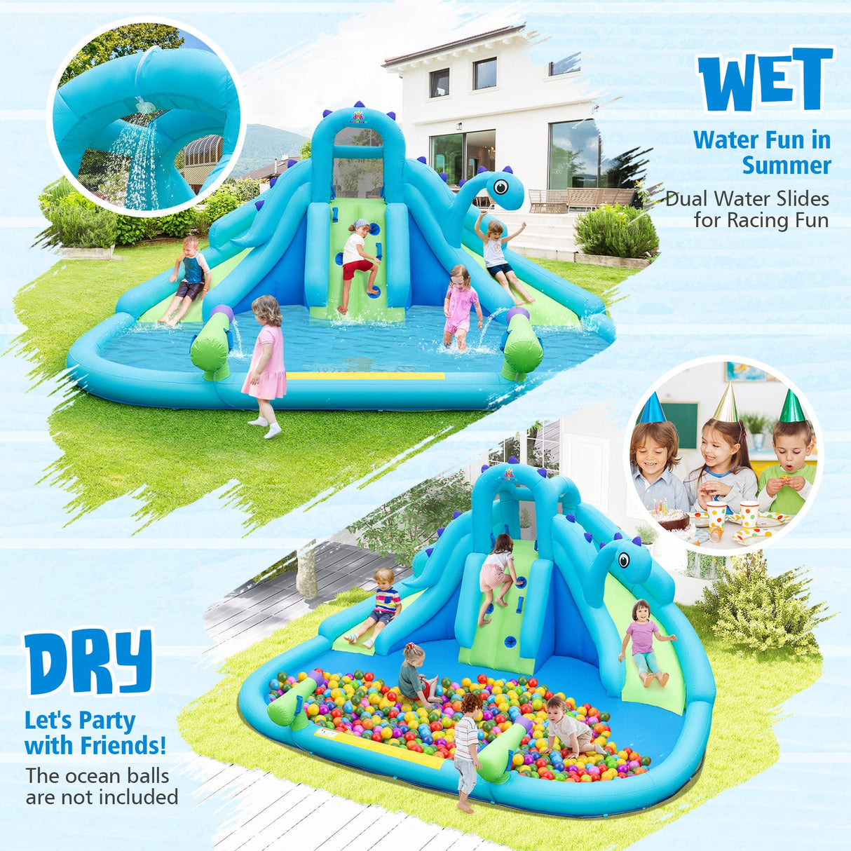 Tobogán Hinchable de Agua con Toboganes Dobles, Piscina Grande y Bolsa de Transporte (con Soplador de 584W)