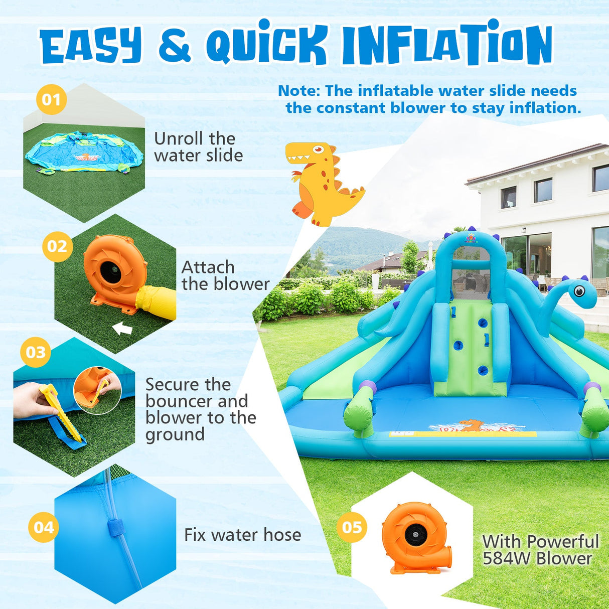 Tobogán Hinchable de Agua con Toboganes Dobles, Piscina Grande y Bolsa de Transporte (con Soplador de 584W)