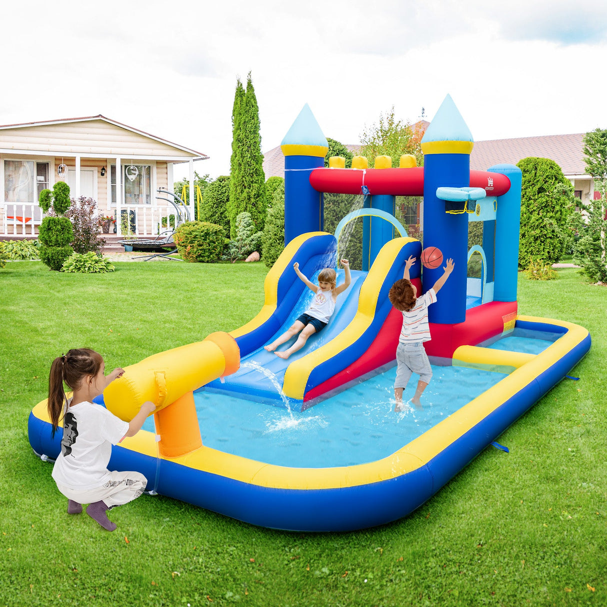 Tobogán acuático inflable con casa de rebote con soplador de 680 W y 2 piscinas