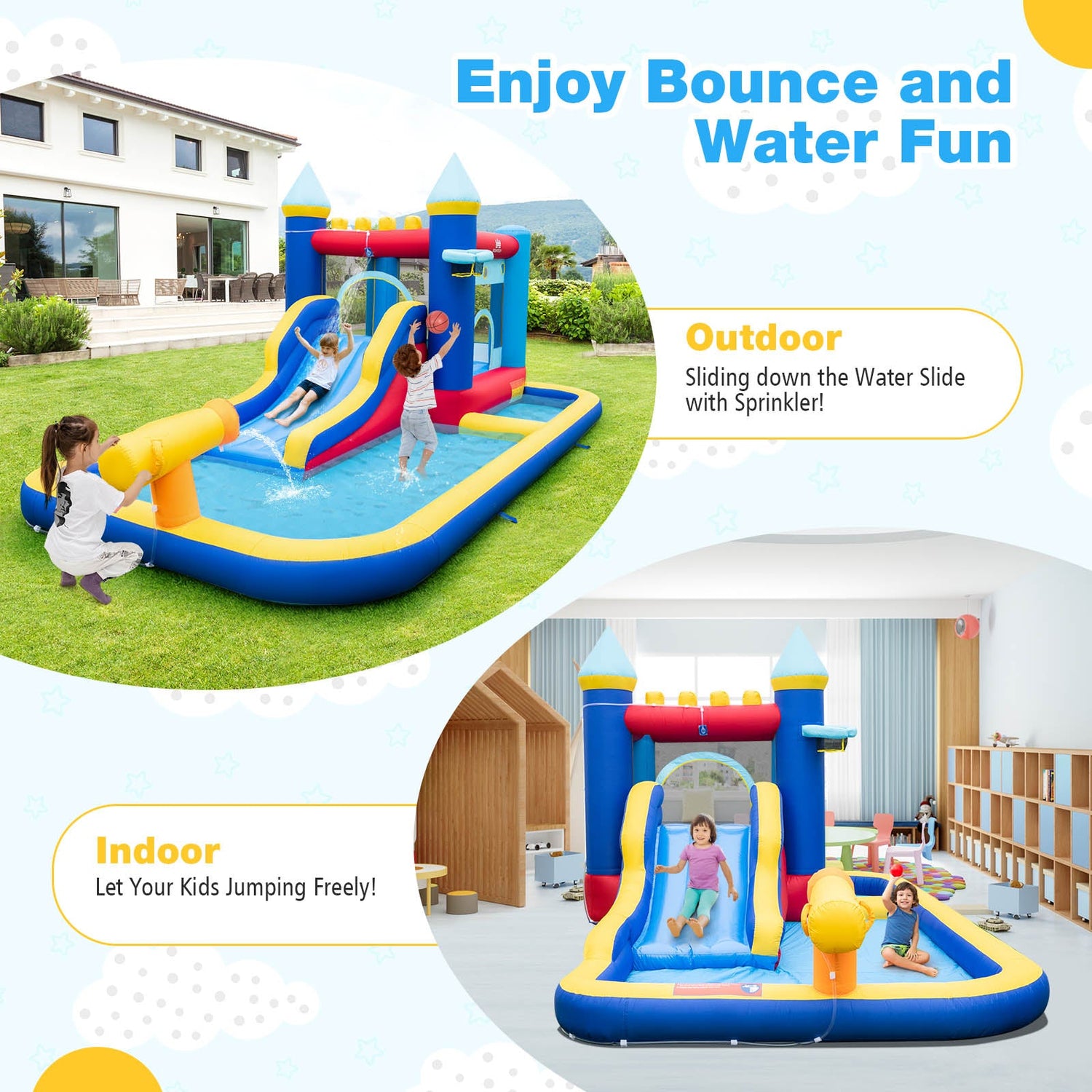 Tobogán acuático inflable con casa de rebote con soplador de 680 W y 2 piscinas