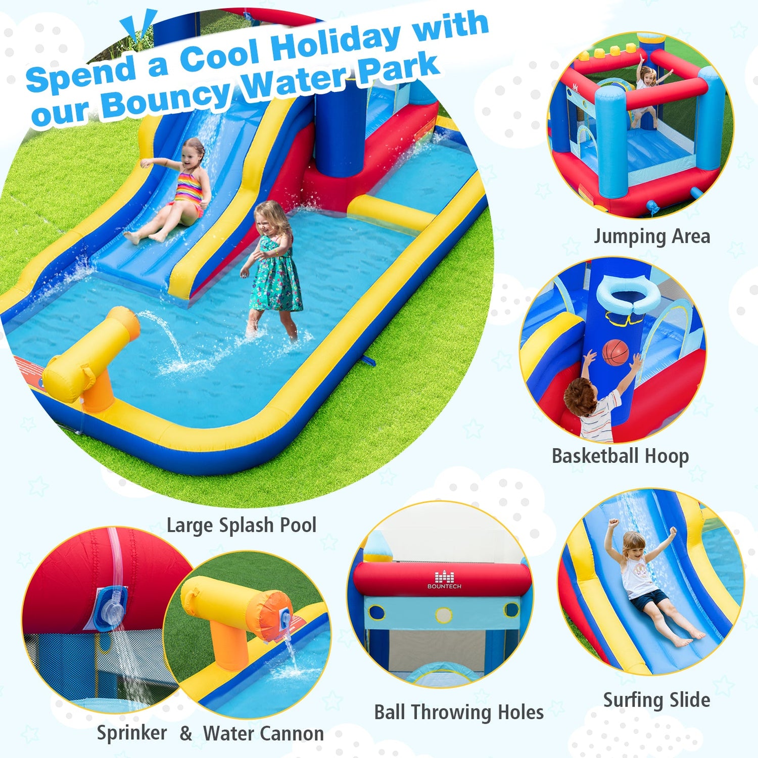 Tobogán acuático inflable con casa de rebote con soplador de 680 W y 2 piscinas
