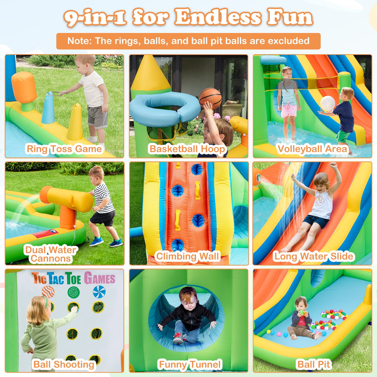 Tobogán Hinchable Gigante Parque Acuático 9 en 1 para Niños Diversión en el Jardín con Soplador de 735W