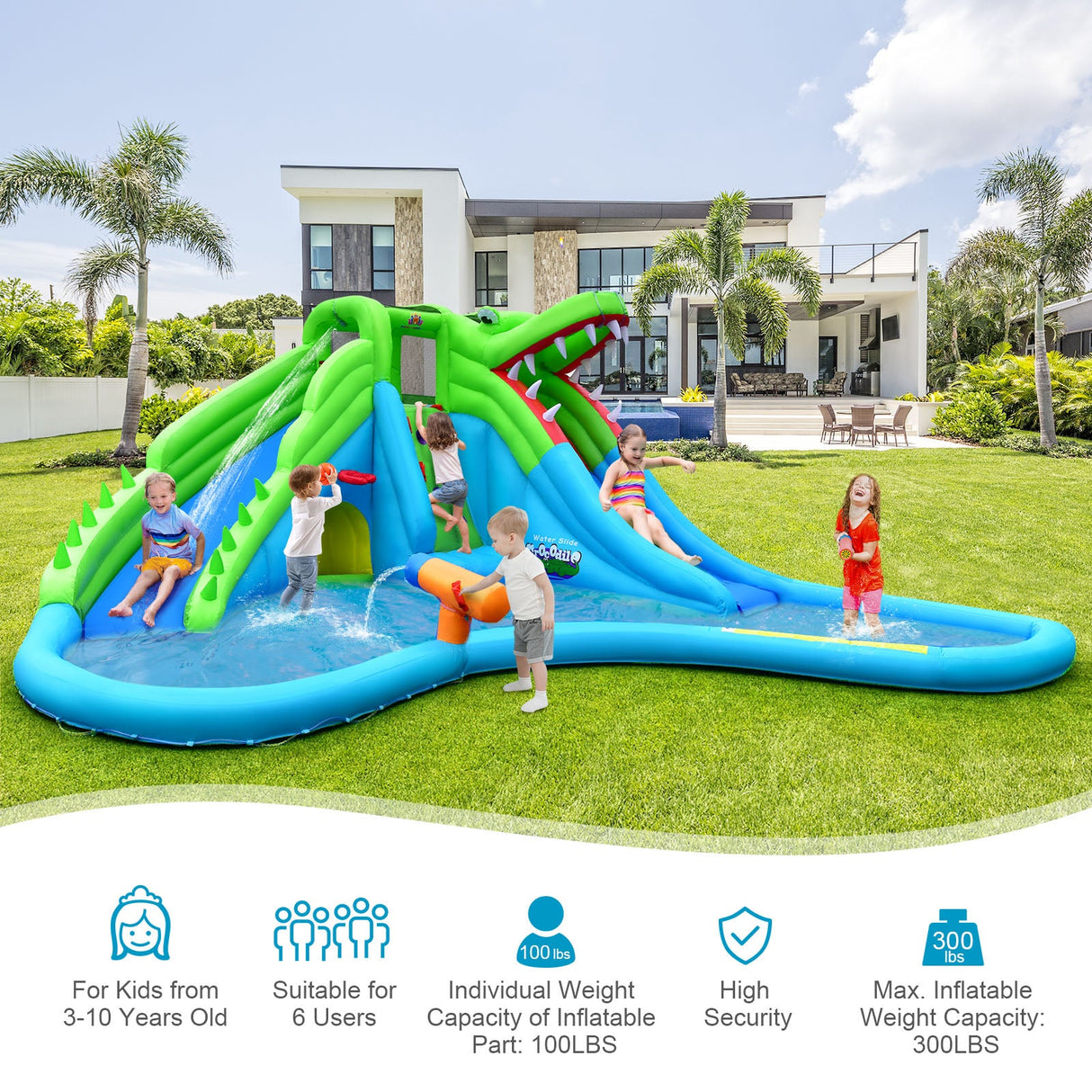 Tobogán acuático hinchable con estilo de cocodrilo, castillo hinchable mejorado para niños con soplador de 780W