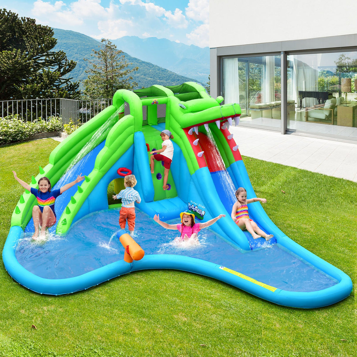 Tobogán acuático hinchable con estilo de cocodrilo, castillo hinchable mejorado para niños con soplador de 780W