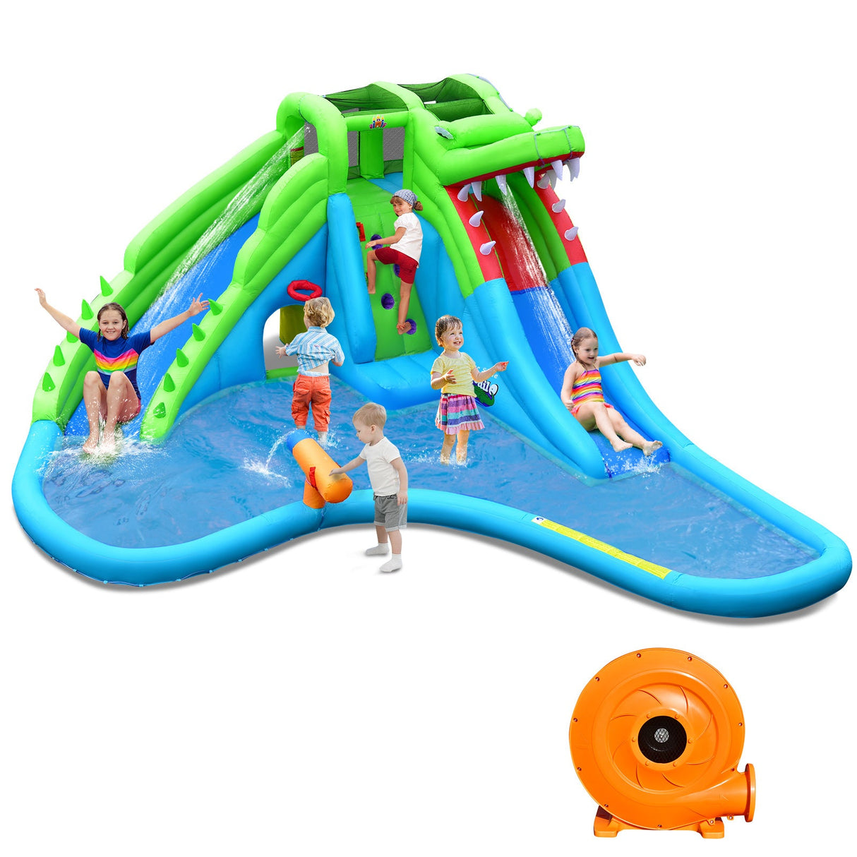 Tobogán acuático hinchable con estilo de cocodrilo, castillo hinchable mejorado para niños con soplador de 780W