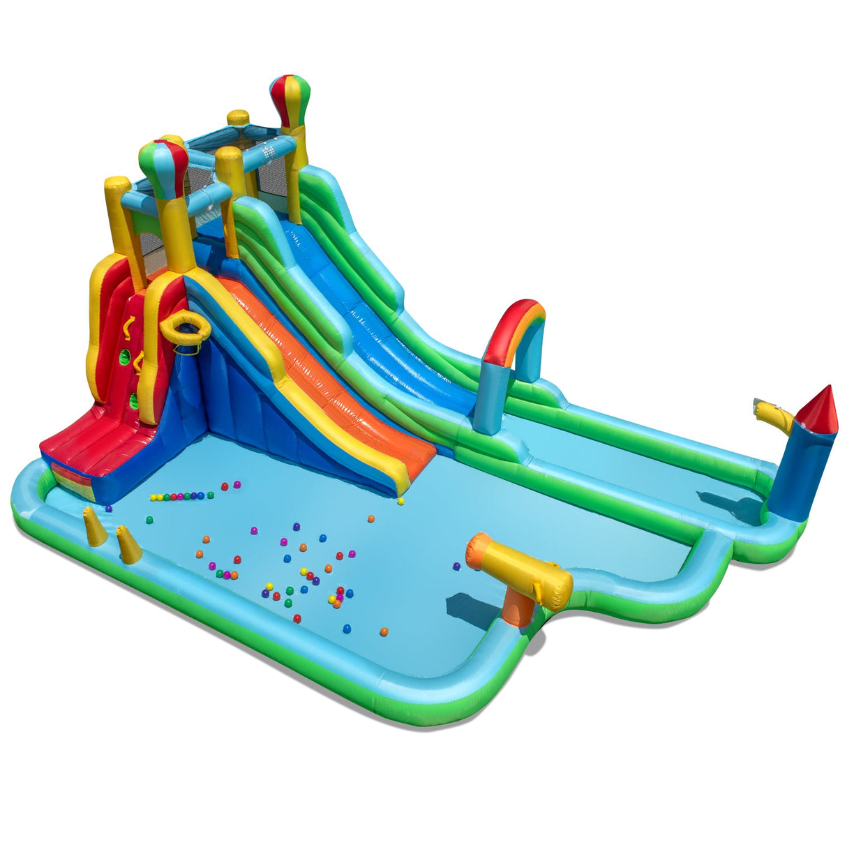 Parque acuático inflable con toboganes gigantes y doble tobogán largo