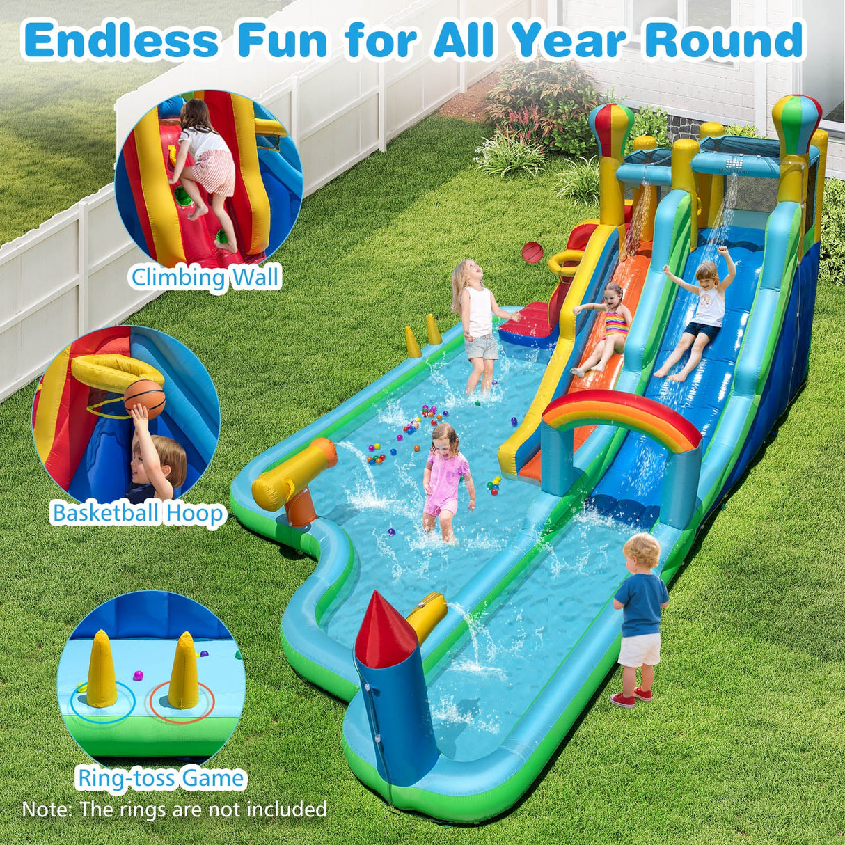 Parque acuático inflable con toboganes gigantes y doble tobogán largo