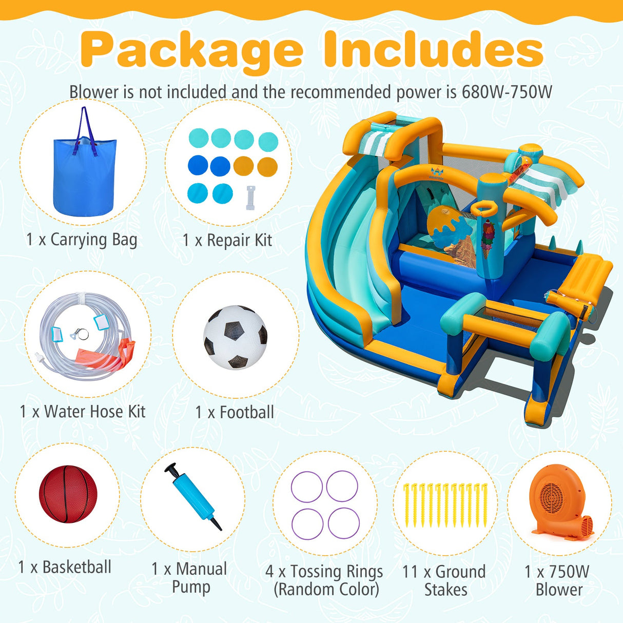 Castillo Hinchable de Agua para Niños con Tobogán y Soplador de 750W