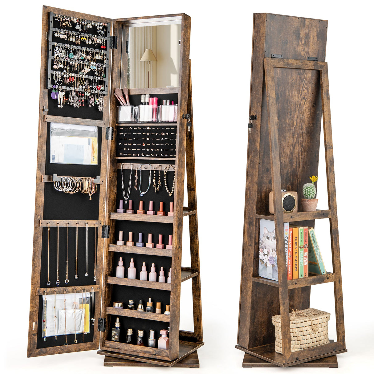 360¬∞ Swivel Jewelry Armoire Standing Jewelry Organizer with Full Length Mirror and Back Shelves