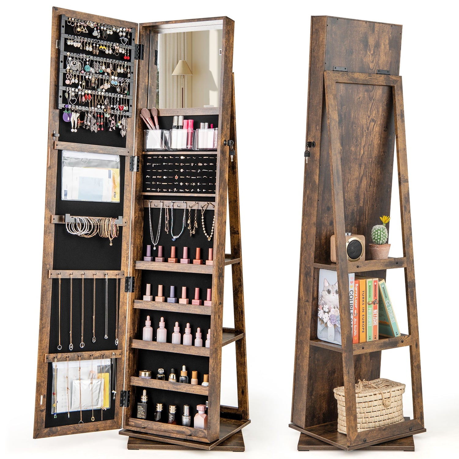 360¬∞ Swivel Jewelry Armoire Standing Jewelry Organizer with Full Length Mirror and Back Shelves