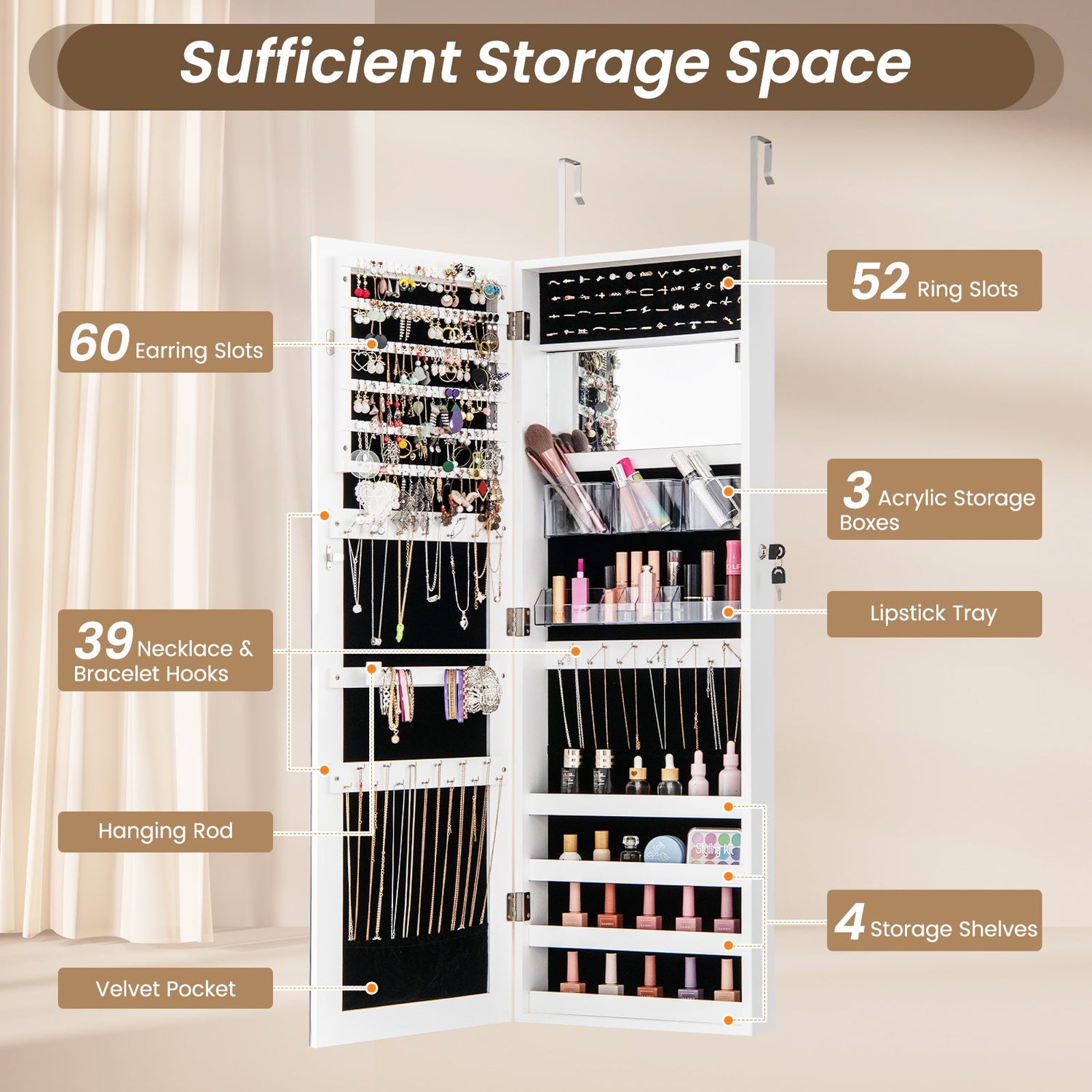 43.5 Inch Jewelry Mirror Cabinet with Full-length Mirror and Adjustable Hangers