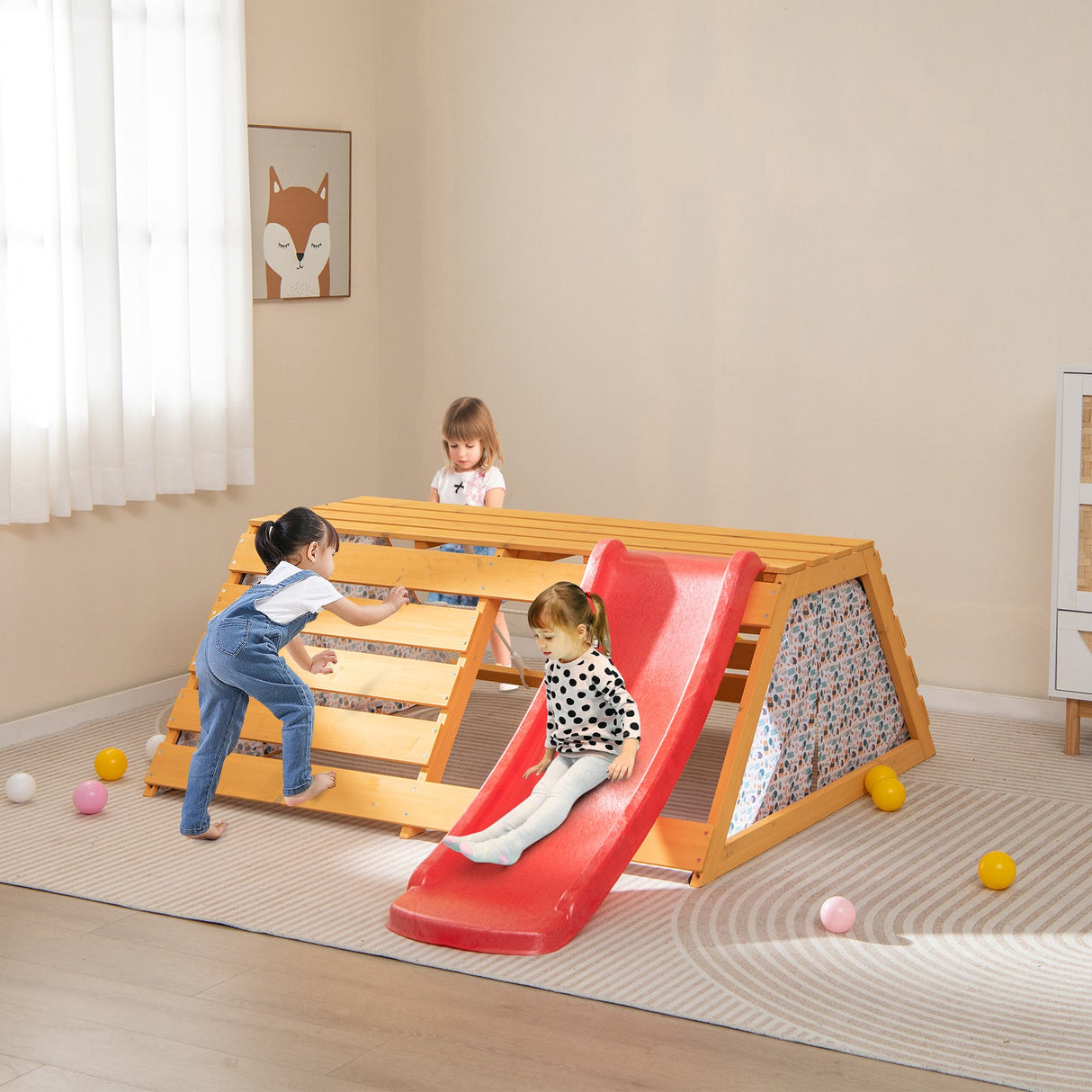Parque infantil de madera 5 en 1 con tobogán, rocódromo y pared para escalar con cuerda