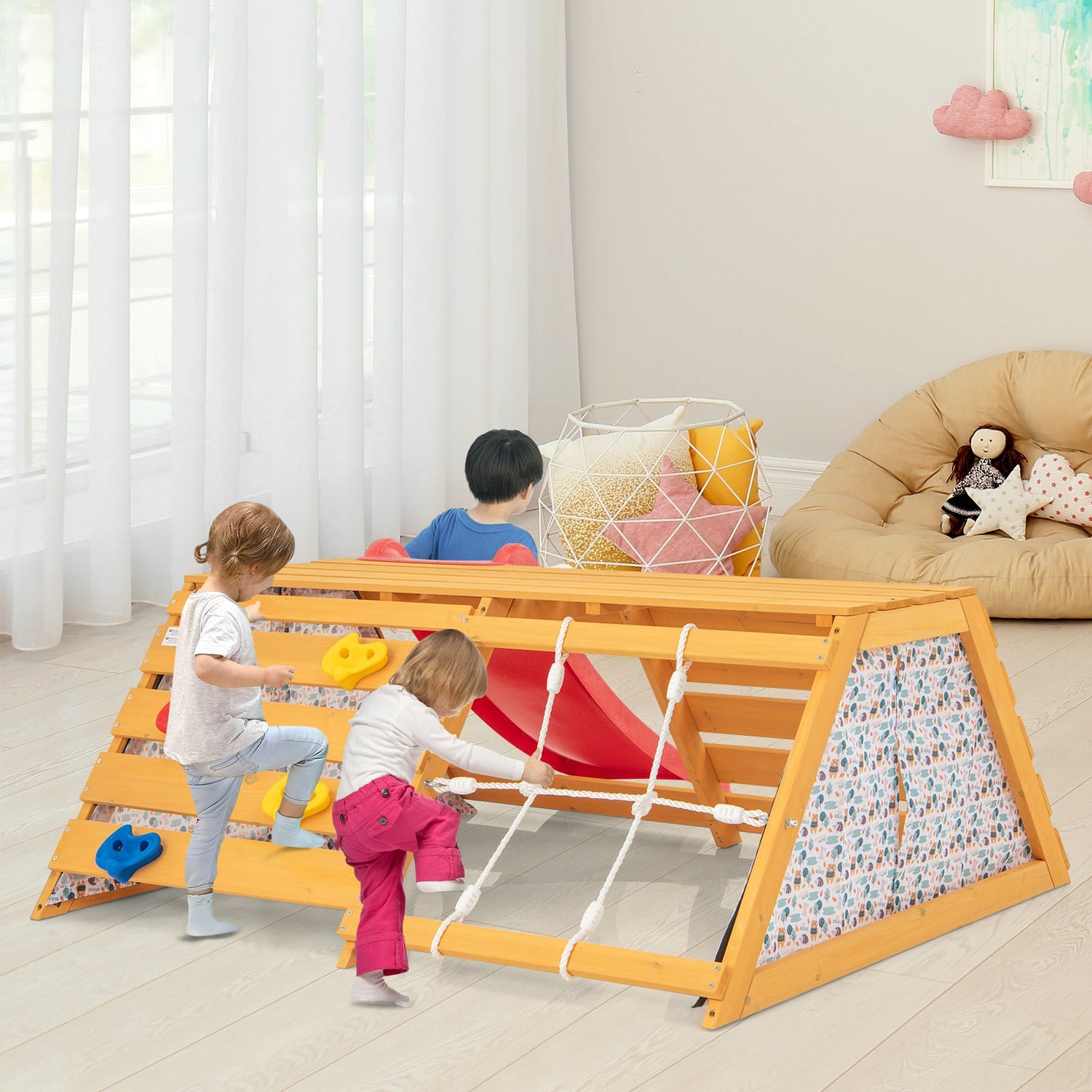 Parque infantil de madera 5 en 1 con tobogán, rocódromo y pared para escalar con cuerda