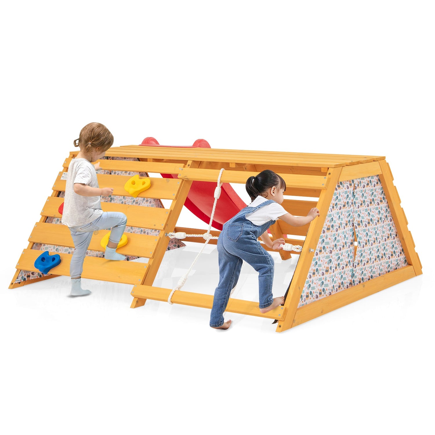 Parque infantil de madera 5 en 1 con tobogán, rocódromo y pared para escalar con cuerda