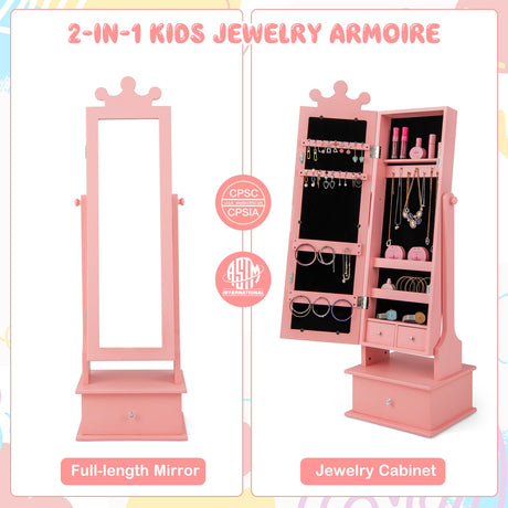 Armario para joyas de juguete 2 en 1 para niños con espejo de cuerpo entero y cajones
