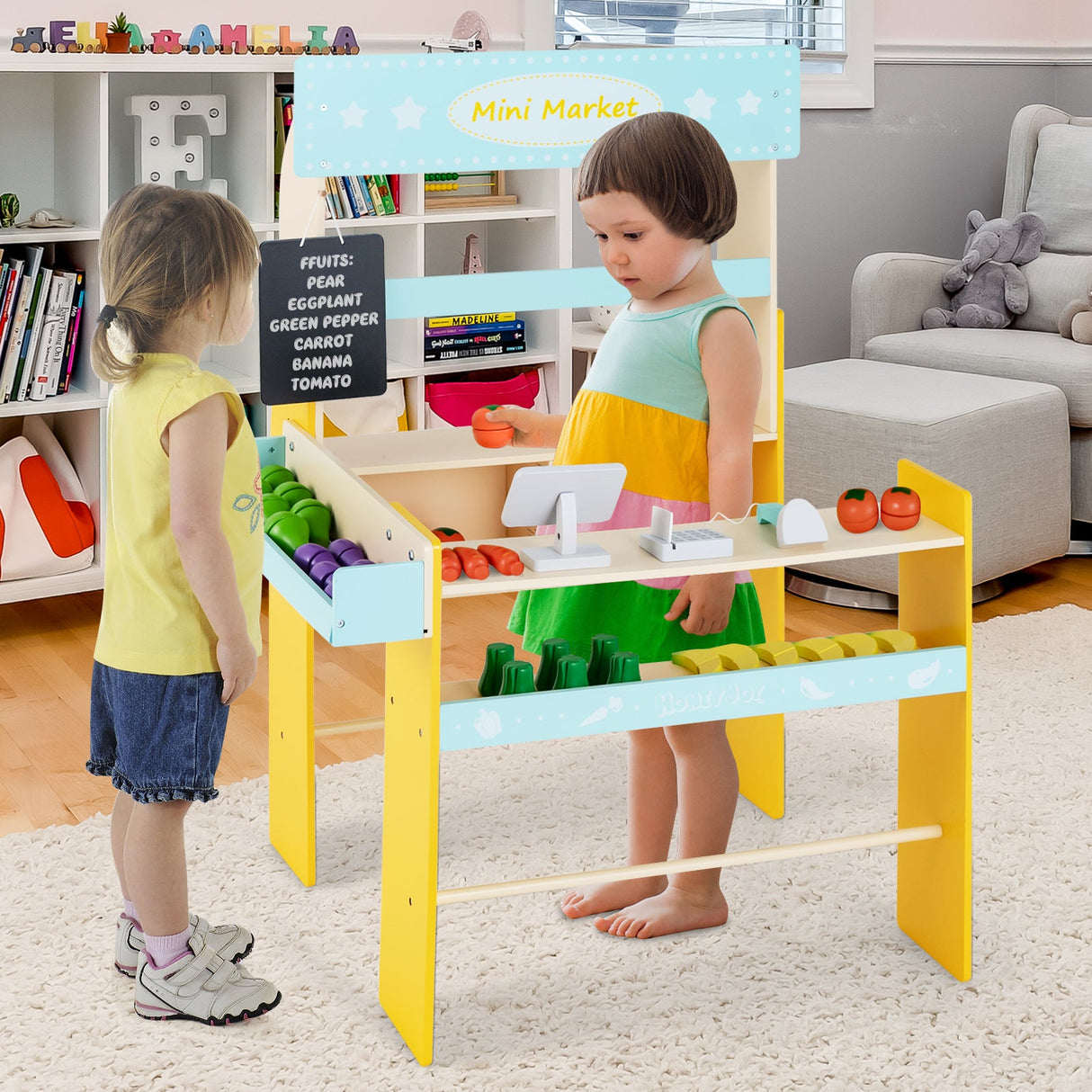 Tienda de comestibles de juguete para niños con caja registradora y pizarra - Azul