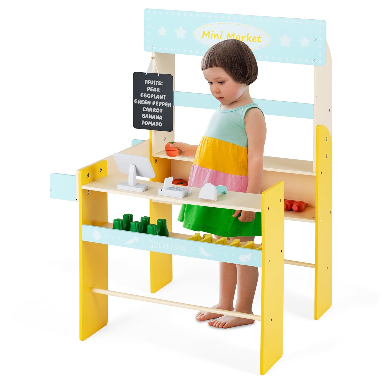 Tienda de comestibles de juguete para niños con caja registradora y pizarra - Azul