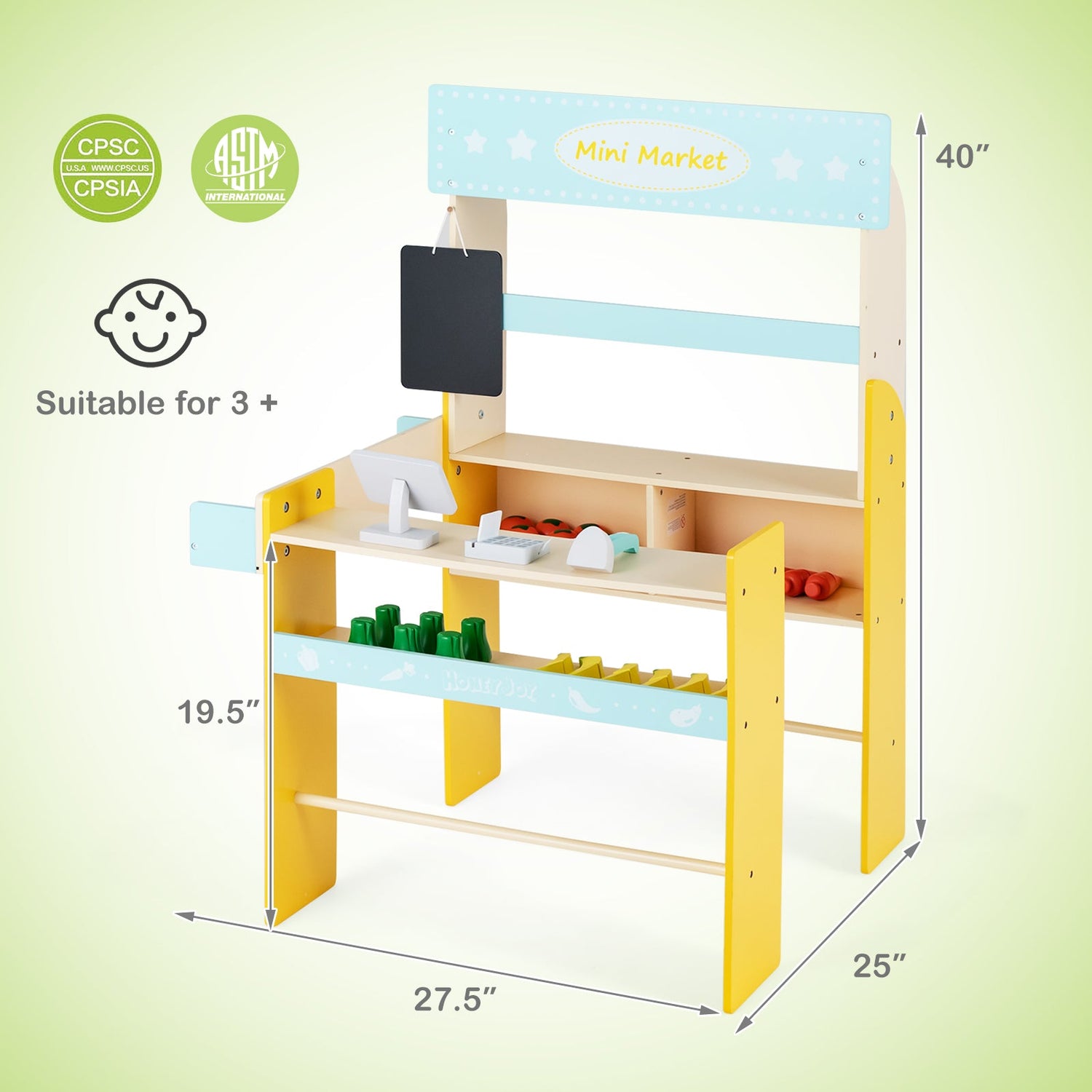 Tienda de comestibles de juguete para niños con caja registradora y pizarra - Azul