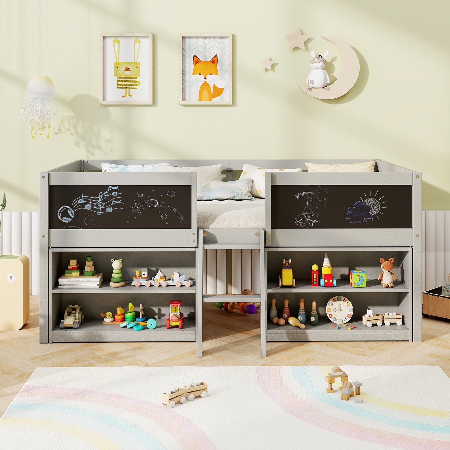 Cama semialta individual para niños con rampa de pizarra, escalera y estanterías