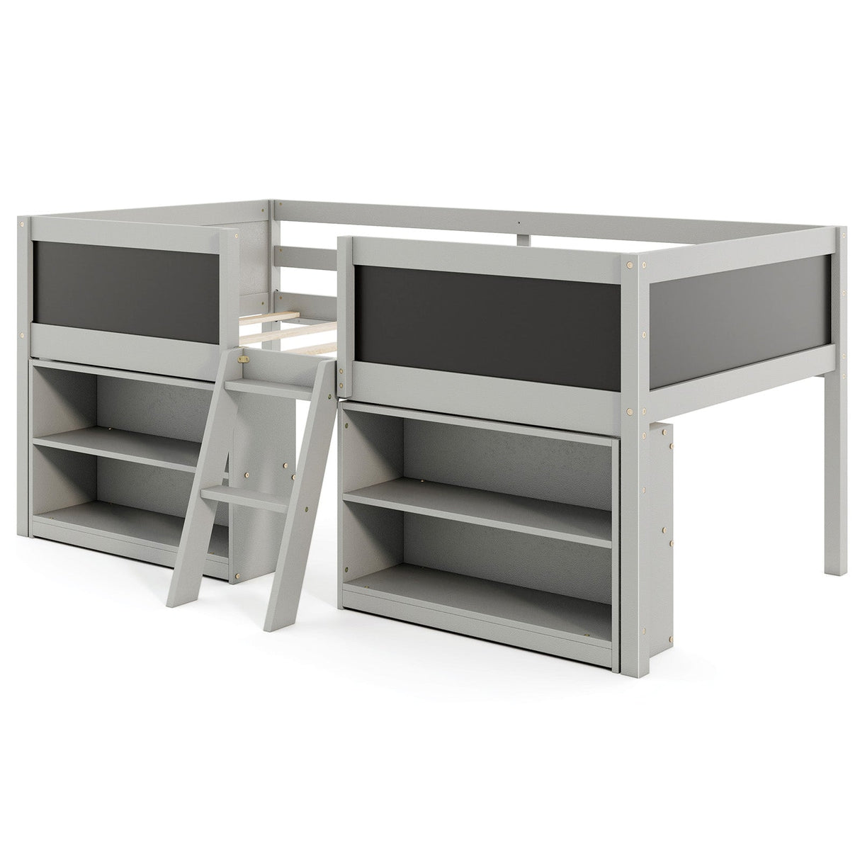 Cama semialta individual para niños con rampa de pizarra, escalera y estanterías