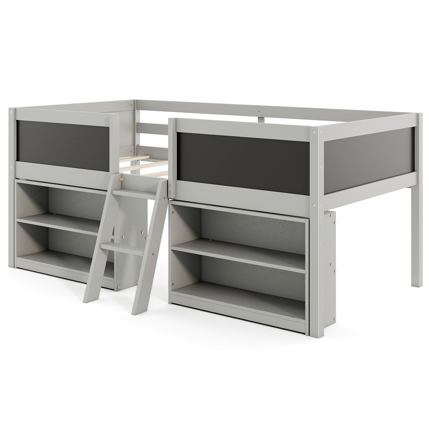 Cama semialta individual para niños con rampa de pizarra, escalera y estanterías